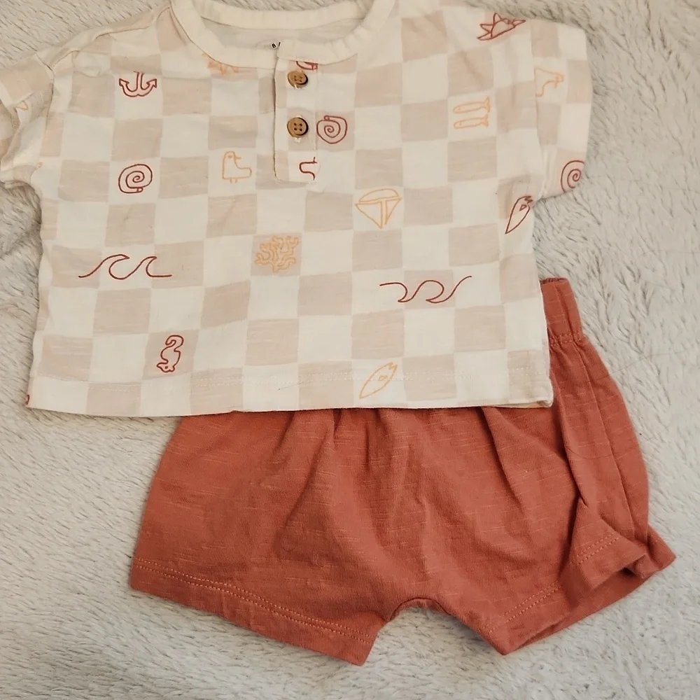 Cat & Jack Baby Outfit with Checkered Top and Rust Shorts